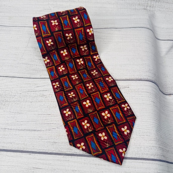 Ermenegildo Zegna Tie Men's Red Blue Geometric Daisy Floral Necktie Silk - Picture 1 of 6